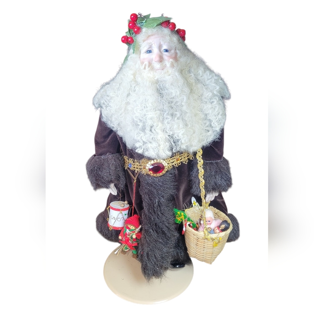 Hand Crafted Santa Figurine with Basket - Brown and White 90s Vintage